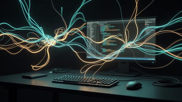 Glowing branching lines diverging and merging like circuit paths above a dark developer desk
