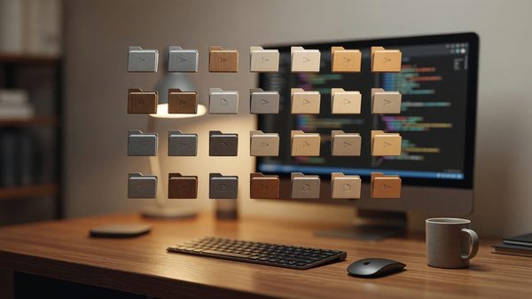 Abstract modular blocks and folder icons organizing into a clean grid above a workspace desk