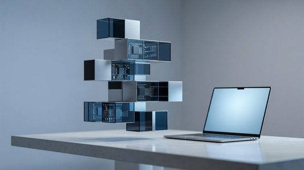 Abstract modular blocks stacking together above a minimalist developer desk representing backend architecture choices