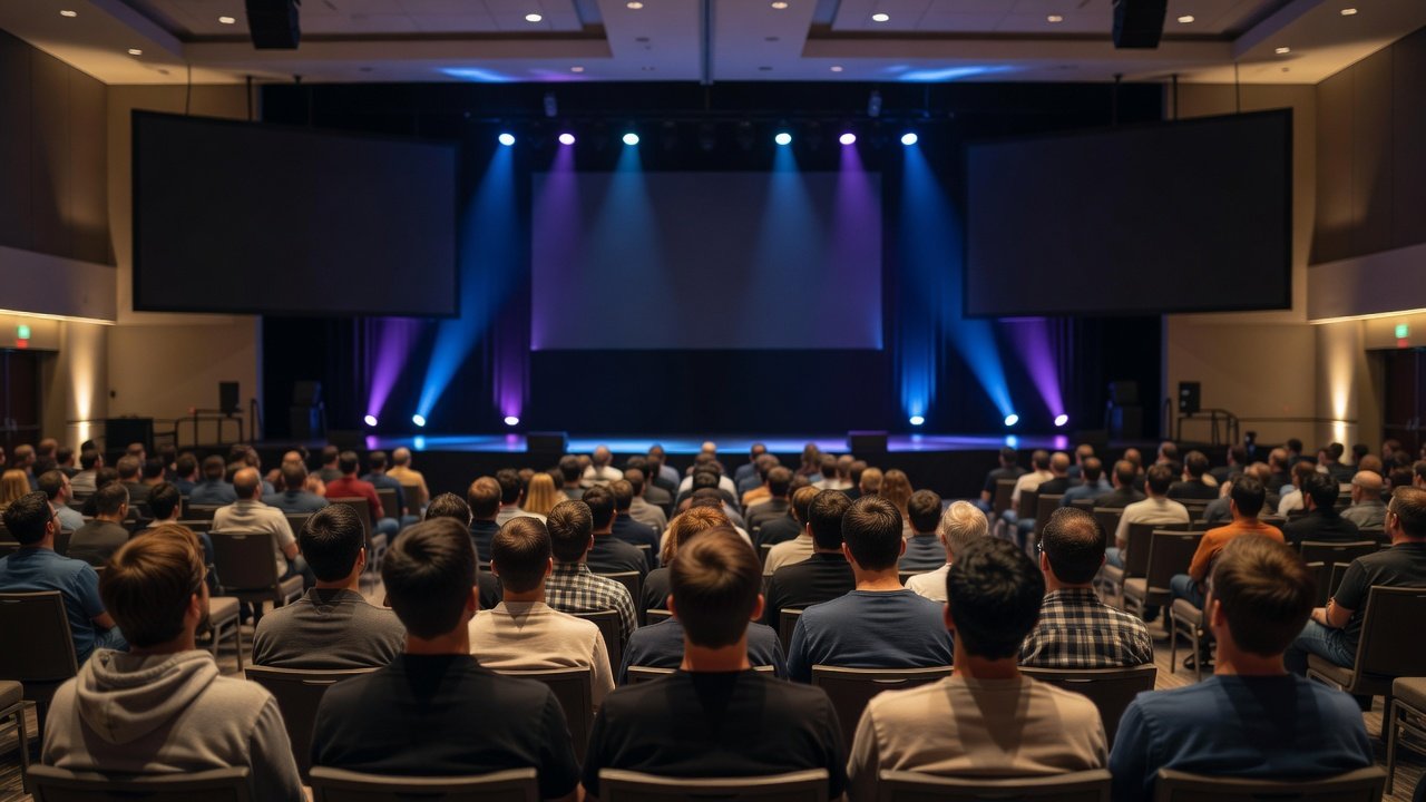 Wide conference hall with an audience facing a large stage under blue and violet lighting