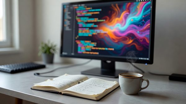 Developer's desk with a monitor showing abstract colored code blocks and a notebook with a handwritten checklist beside it