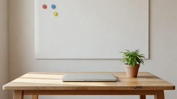 Tidy wooden desk with a closed laptop and a potted plant in front of a blank wall-mounted whiteboard