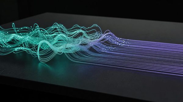 Abstract tangled glowing threads of code being reorganized into clean parallel lines on a dark desk